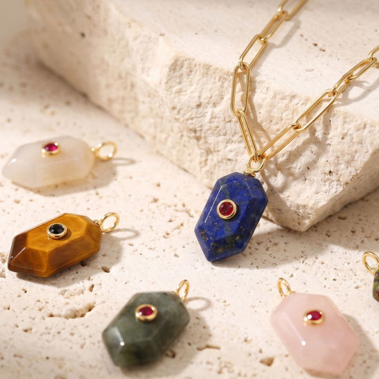Picture of 1 Piece Eco-friendly Gemstone & Brass Geometric Pendants Wholesale, Heptagon 18K Real Gold Plated 3.2cm x 1.5cm