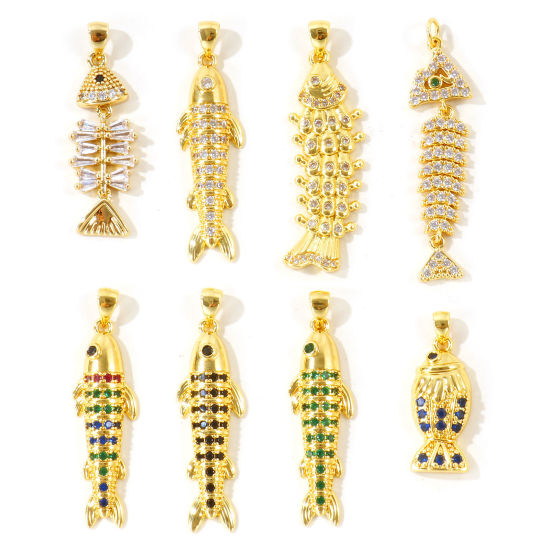 Picture of 1 Piece Eco-friendly Brass & Cubic Zirconia Ocean Jewelry Charms Wholesale, Fish Animal 18K Real Gold Plated Clear Cubic Zirconia
