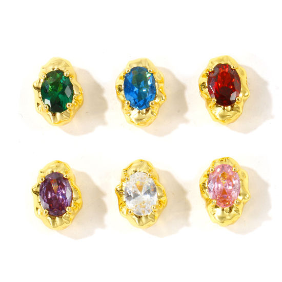 Picture of 2 PCs Eco-friendly Brass & Cubic Zirconia Beads For DIY Jewelry Making Wholesale, 18K Real Gold Plated 13mm x 9mm