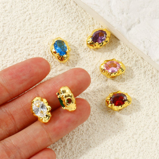 Picture of 2 PCs Eco-friendly Brass & Cubic Zirconia Beads For DIY Jewelry Making Wholesale, 18K Real Gold Plated 13mm x 9mm