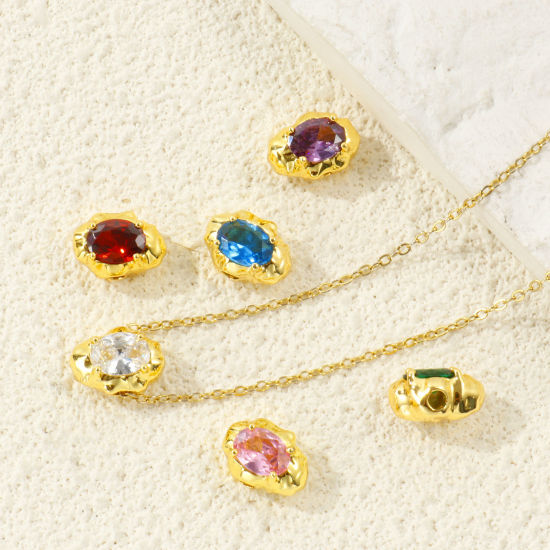 Picture of 2 PCs Eco-friendly Brass & Cubic Zirconia Beads For DIY Jewelry Making Wholesale, 18K Real Gold Plated 13mm x 9mm