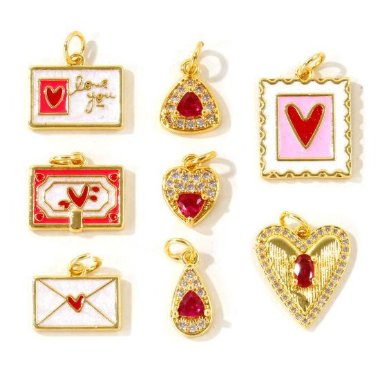 Picture of 2 PCs Eco-friendly Brass Valentine's Day Charms Wholesale, Heart 18K Real Gold Plated Enamel Clear Cubic Zirconia