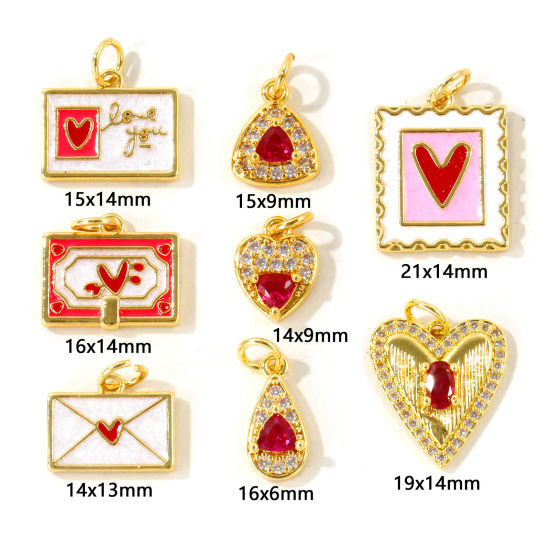 Picture of 2 PCs Eco-friendly Brass Valentine's Day Charms Wholesale, Heart 18K Real Gold Plated Enamel Clear Cubic Zirconia