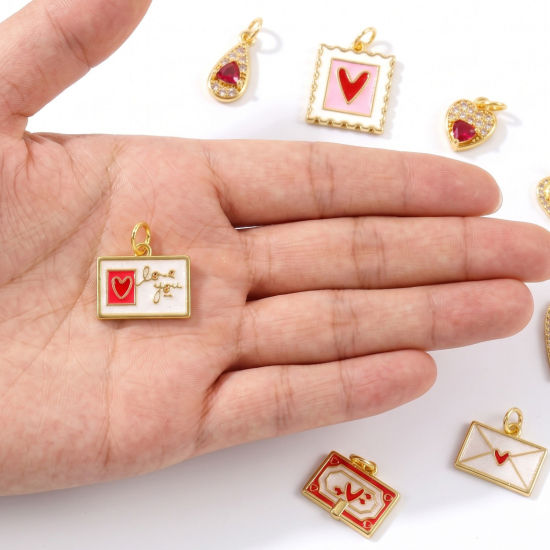 Picture of 2 PCs Eco-friendly Brass Valentine's Day Charms Wholesale, Heart 18K Real Gold Plated Enamel Clear Cubic Zirconia