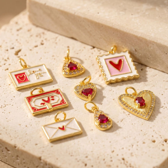 Picture of 2 PCs Eco-friendly Brass Valentine's Day Charms Wholesale, Heart 18K Real Gold Plated Enamel Clear Cubic Zirconia