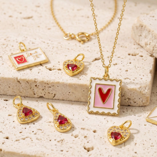 Picture of 2 PCs Eco-friendly Brass Valentine's Day Charms Wholesale, Heart 18K Real Gold Plated Enamel Clear Cubic Zirconia