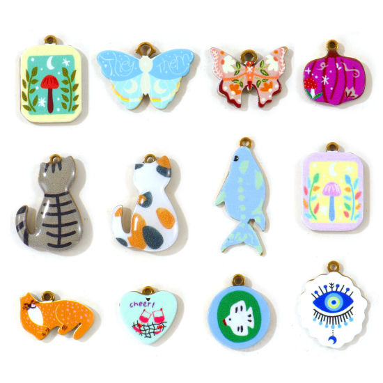 2 PCs Eco-friendly PVD Waterproof Anti-Tarnish Hypoallergenic 304 Stainless Steel Charms Wholesale 18K Real Gold Plated Multicolor Cat Animal Butterfly Double Sided Printed の画像