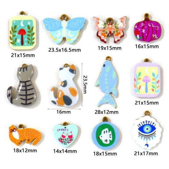 2 PCs Eco-friendly PVD Waterproof Anti-Tarnish Hypoallergenic 304 Stainless Steel Charms Wholesale 18K Real Gold Plated Multicolor Cat Animal Butterfly Double Sided Printed の画像