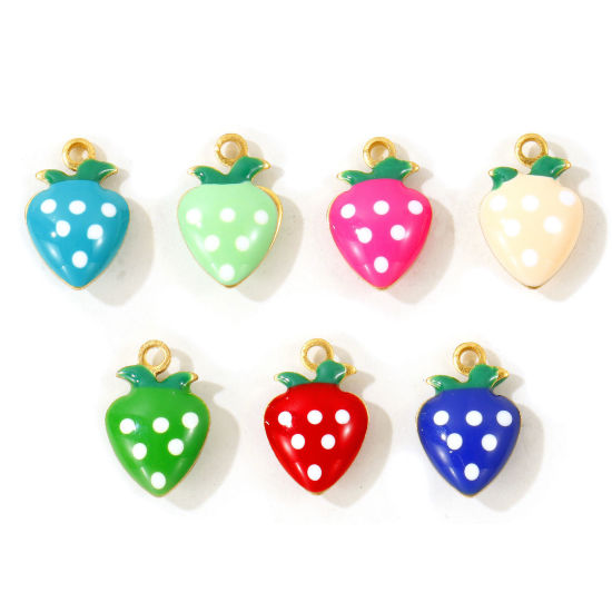 Picture of 10 PCs Eco-friendly Brass Charms Wholesale, Strawberry Fruit 18K Real Gold Plated Double-sided Enamel Mini 12mm x 8mm