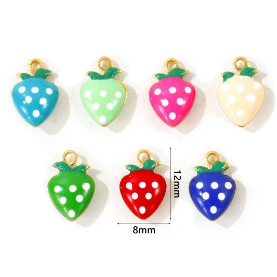 Picture of 10 PCs Eco-friendly Brass Charms Wholesale, Strawberry Fruit 18K Real Gold Plated Double-sided Enamel Mini 12mm x 8mm