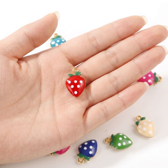 Picture of 10 PCs Eco-friendly Brass Charms Wholesale, Strawberry Fruit 18K Real Gold Plated Double-sided Enamel Mini 12mm x 8mm