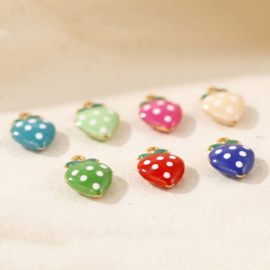Picture of 10 PCs Eco-friendly Brass Charms Wholesale, Strawberry Fruit 18K Real Gold Plated Double-sided Enamel Mini 12mm x 8mm