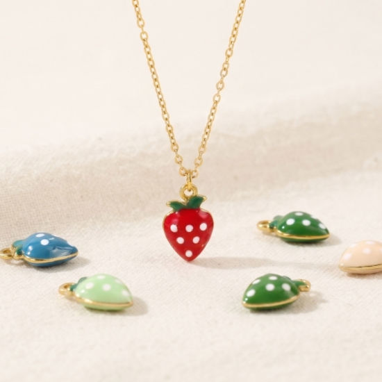 Picture of 10 PCs Eco-friendly Brass Charms Wholesale, Strawberry Fruit 18K Real Gold Plated Double-sided Enamel Mini 12mm x 8mm