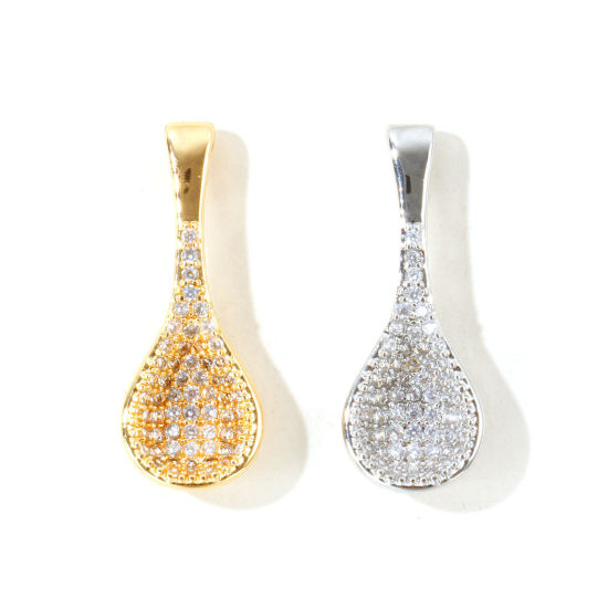 Picture of 1 Piece Eco-friendly Brass Charms Wholesale, Spoon Real Gold Plated Clear Cubic Zirconia 27mm x 10mm