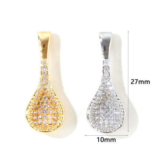 Picture of 1 Piece Eco-friendly Brass Charms Wholesale, Spoon Real Gold Plated Clear Cubic Zirconia 27mm x 10mm