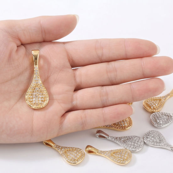 Picture of 1 Piece Eco-friendly Brass Charms Wholesale, Spoon Real Gold Plated Clear Cubic Zirconia 27mm x 10mm