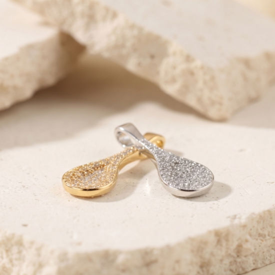 Picture of 1 Piece Eco-friendly Brass Charms Wholesale, Spoon Real Gold Plated Clear Cubic Zirconia 27mm x 10mm
