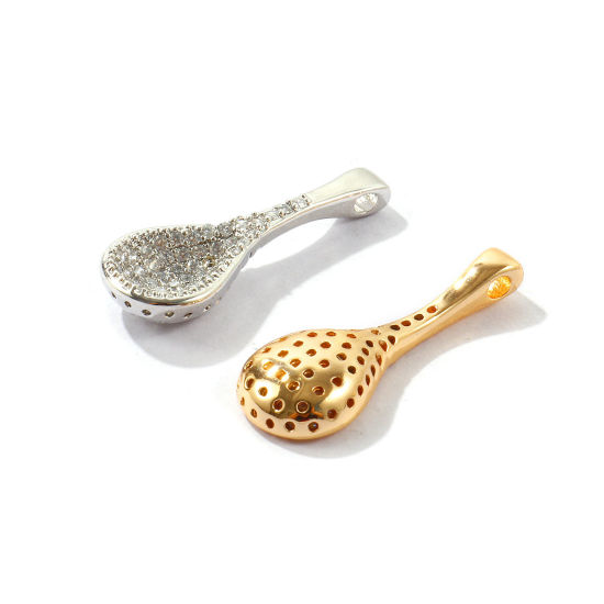 Picture of 1 Piece Eco-friendly Brass Charms Wholesale, Spoon Real Gold Plated Clear Cubic Zirconia 27mm x 10mm