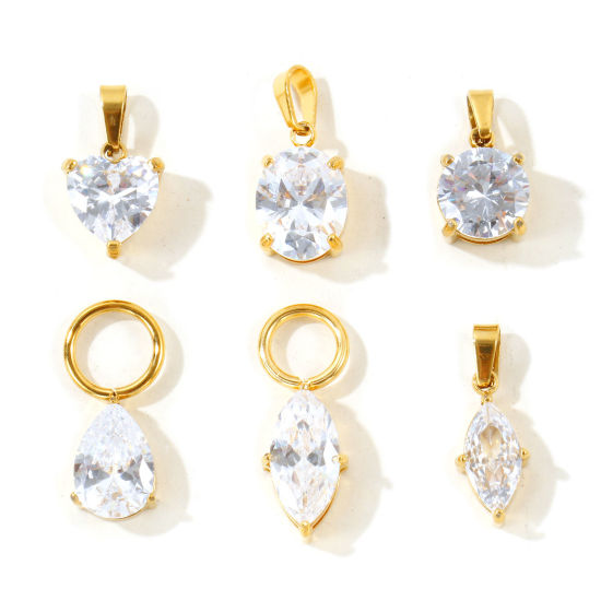 Picture of 2 PCs Eco-friendly Vacuum Plating 304 Stainless Steel Geometric Charms Wholesale 18K Real Gold Plated Geometric Clear Cubic Zirconia