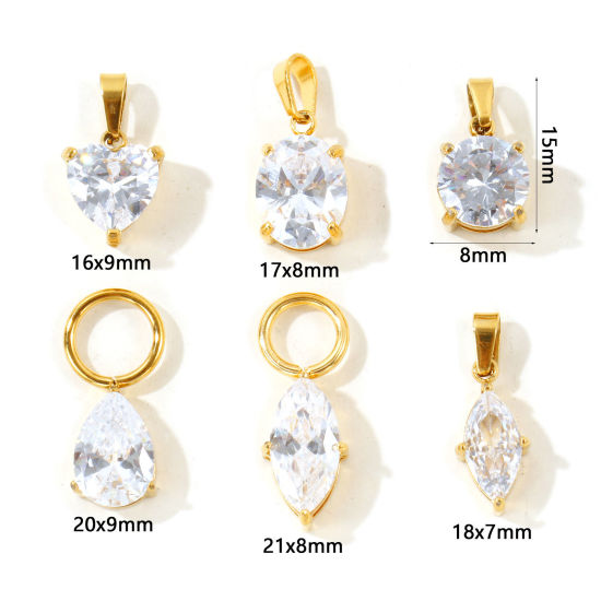 Picture of 2 PCs Eco-friendly Vacuum Plating 304 Stainless Steel Geometric Charms Wholesale 18K Real Gold Plated Geometric Clear Cubic Zirconia