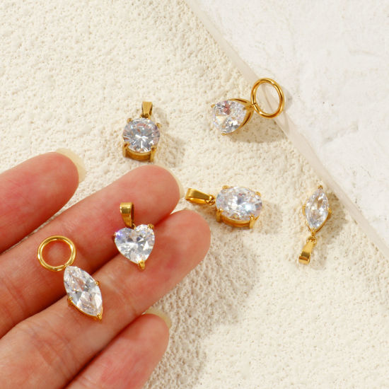 Picture of 2 PCs Eco-friendly Vacuum Plating 304 Stainless Steel Geometric Charms Wholesale 18K Real Gold Plated Geometric Clear Cubic Zirconia