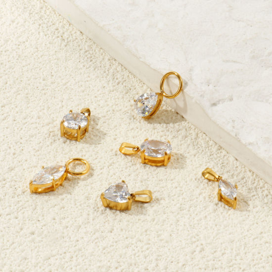 Picture of 2 PCs Eco-friendly Vacuum Plating 304 Stainless Steel Geometric Charms Wholesale 18K Real Gold Plated Geometric Clear Cubic Zirconia