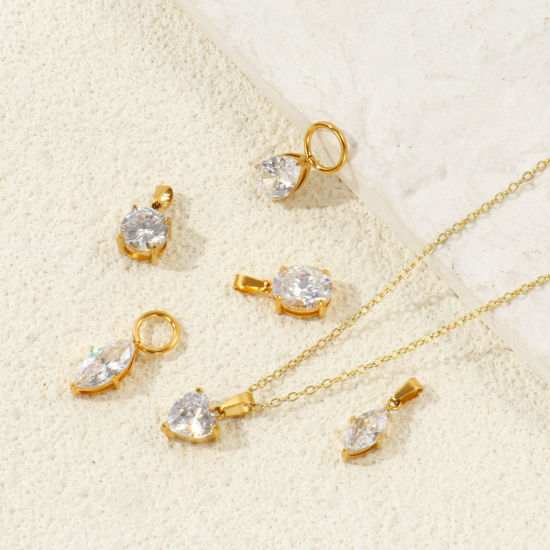 Picture of 2 PCs Eco-friendly Vacuum Plating 304 Stainless Steel Geometric Charms Wholesale 18K Real Gold Plated Geometric Clear Cubic Zirconia