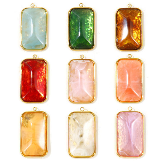 Picture of 1 Piece Eco-friendly PVD 304 Stainless Steel Geometric Pendants Wholesale 18K Real Gold Plated Multicolor Rectangle With Resin Cabochons 4cm x 2.2cm