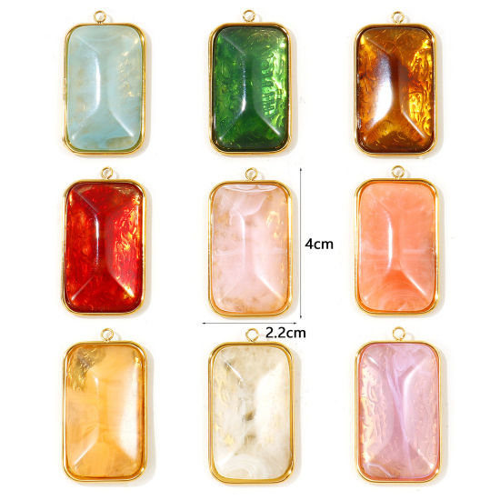 Picture of 1 Piece Eco-friendly PVD 304 Stainless Steel Geometric Pendants Wholesale 18K Real Gold Plated Multicolor Rectangle With Resin Cabochons 4cm x 2.2cm