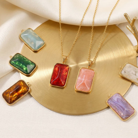 Picture of 1 Piece Eco-friendly PVD 304 Stainless Steel Geometric Pendants Wholesale 18K Real Gold Plated Multicolor Rectangle With Resin Cabochons 4cm x 2.2cm