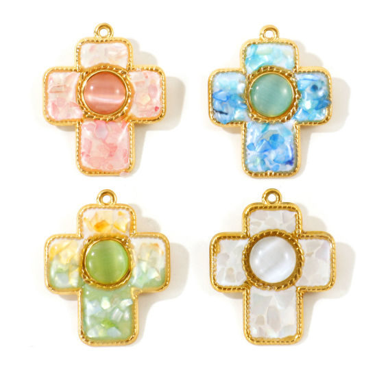 Picture of 1 Piece Eco-friendly PVD 304 Stainless Steel & Natural Shell Pendants Wholesale 18K Real Gold Plated Multicolor Cross Synthetic Cat's Eye 3.8cm x 3.1cm