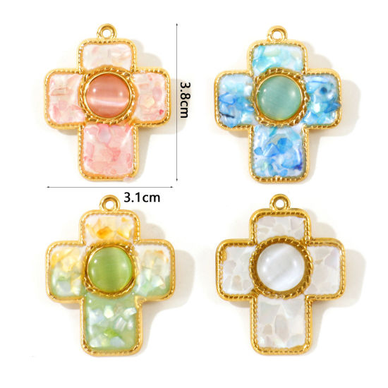 Picture of 1 Piece Eco-friendly PVD 304 Stainless Steel & Natural Shell Pendants Wholesale 18K Real Gold Plated Multicolor Cross Synthetic Cat's Eye 3.8cm x 3.1cm