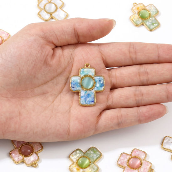 Picture of 1 Piece Eco-friendly PVD 304 Stainless Steel & Natural Shell Pendants Wholesale 18K Real Gold Plated Multicolor Cross Synthetic Cat's Eye 3.8cm x 3.1cm