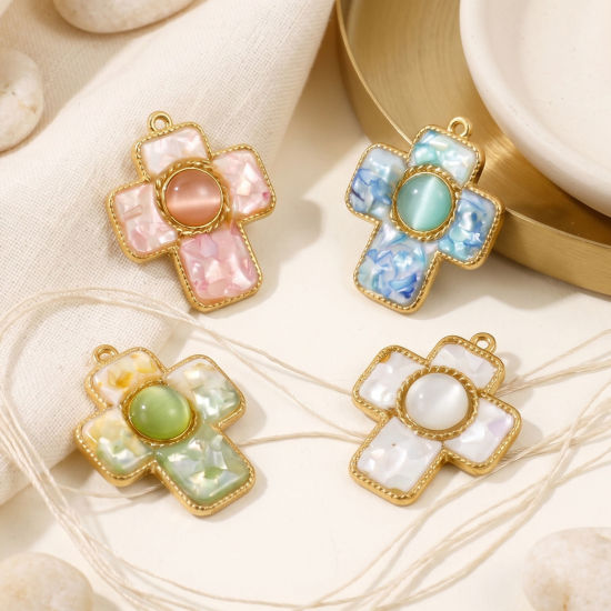 Picture of 1 Piece Eco-friendly PVD 304 Stainless Steel & Natural Shell Pendants Wholesale 18K Real Gold Plated Multicolor Cross Synthetic Cat's Eye 3.8cm x 3.1cm