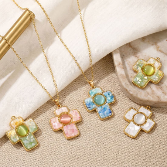 Picture of 1 Piece Eco-friendly PVD 304 Stainless Steel & Natural Shell Pendants Wholesale 18K Real Gold Plated Multicolor Cross Synthetic Cat's Eye 3.8cm x 3.1cm