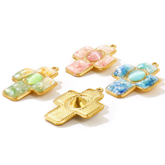 Picture of 1 Piece Eco-friendly PVD 304 Stainless Steel & Natural Shell Pendants Wholesale 18K Real Gold Plated Multicolor Cross Synthetic Cat's Eye 3.8cm x 3.1cm