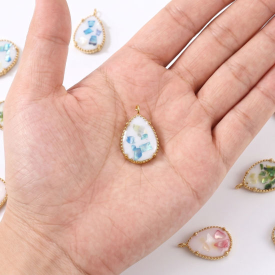Picture of 2 PCs Eco-friendly PVD 304 Stainless Steel & Natural Shell Ocean Jewelry Charms Wholesale 18K Real Gold Plated Multicolor Drop 20mm x 12mm