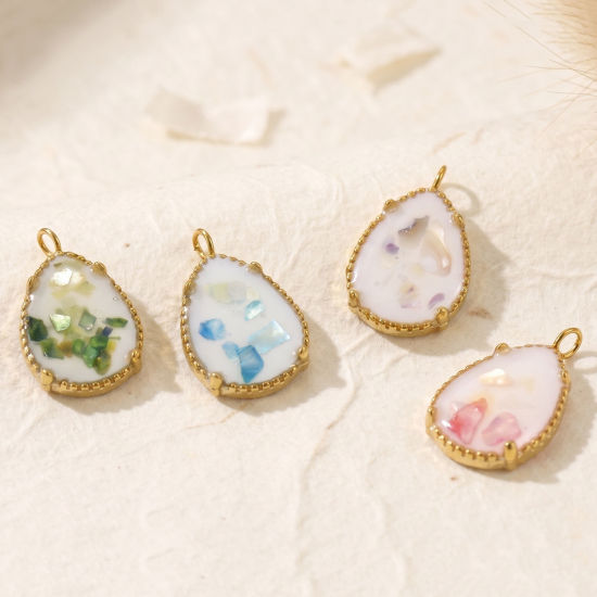 Picture of 2 PCs Eco-friendly PVD 304 Stainless Steel & Natural Shell Ocean Jewelry Charms Wholesale 18K Real Gold Plated Multicolor Drop 20mm x 12mm
