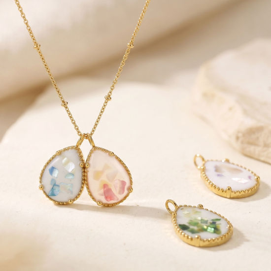 Picture of 2 PCs Eco-friendly PVD 304 Stainless Steel & Natural Shell Ocean Jewelry Charms Wholesale 18K Real Gold Plated Multicolor Drop 20mm x 12mm