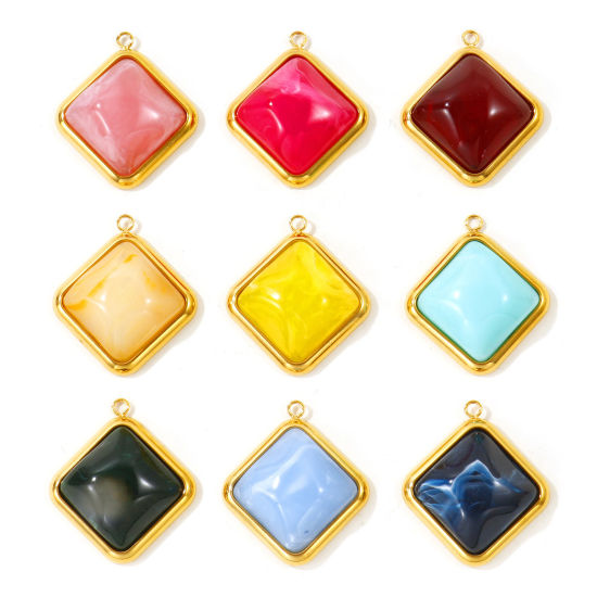 Picture of 1 Piece Eco-friendly PVD 304 Stainless Steel & Resin Geometric Pendants Wholesale 18K Real Gold Plated Multicolor Rhombus With Resin Cabochons 3.6cm x 3.2cm