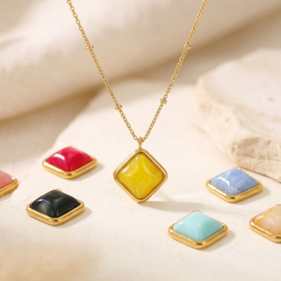 Picture of 1 Piece Eco-friendly PVD 304 Stainless Steel & Resin Geometric Pendants Wholesale 18K Real Gold Plated Multicolor Rhombus With Resin Cabochons 3.6cm x 3.2cm