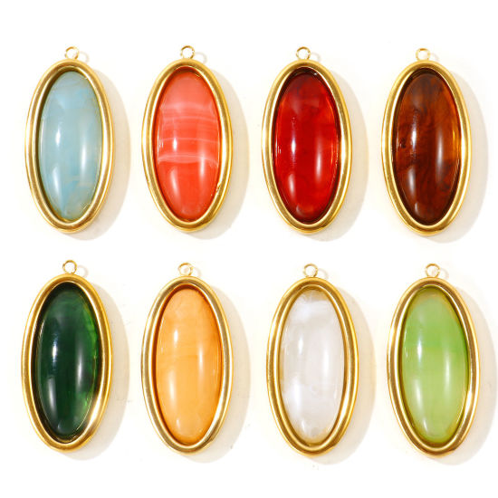 Picture of 1 Piece Eco-friendly PVD 304 Stainless Steel & Resin Geometric Pendants Wholesale 18K Real Gold Plated Multicolor Oval With Resin Cabochons 4.4cm x 2.1cm
