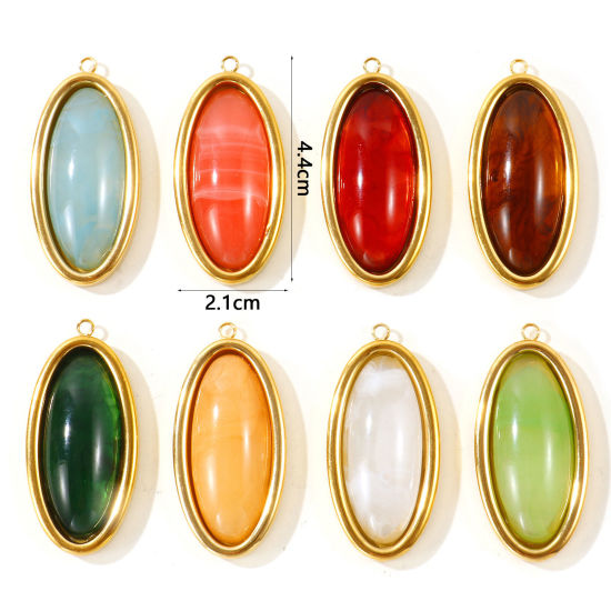 Picture of 1 Piece Eco-friendly PVD 304 Stainless Steel & Resin Geometric Pendants Wholesale 18K Real Gold Plated Multicolor Oval With Resin Cabochons 4.4cm x 2.1cm