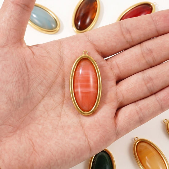 Picture of 1 Piece Eco-friendly PVD 304 Stainless Steel & Resin Geometric Pendants Wholesale 18K Real Gold Plated Multicolor Oval With Resin Cabochons 4.4cm x 2.1cm