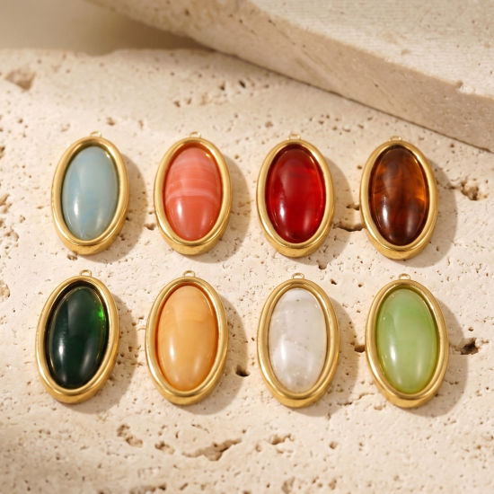 Picture of 1 Piece Eco-friendly PVD 304 Stainless Steel & Resin Geometric Pendants Wholesale 18K Real Gold Plated Multicolor Oval With Resin Cabochons 4.4cm x 2.1cm