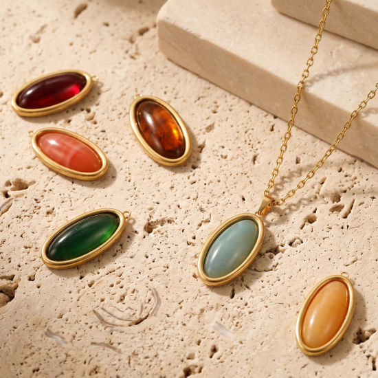 Picture of 1 Piece Eco-friendly PVD 304 Stainless Steel & Resin Geometric Pendants Wholesale 18K Real Gold Plated Multicolor Oval With Resin Cabochons 4.4cm x 2.1cm