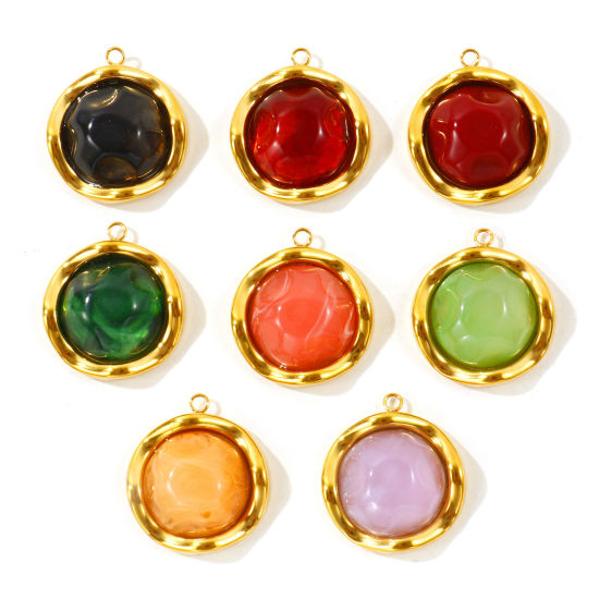 Picture of 2 PCs Eco-friendly PVD 304 Stainless Steel & Resin Charms Wholesale 18K Real Gold Plated Multicolor Round With Resin Cabochons 27mm x 25mm