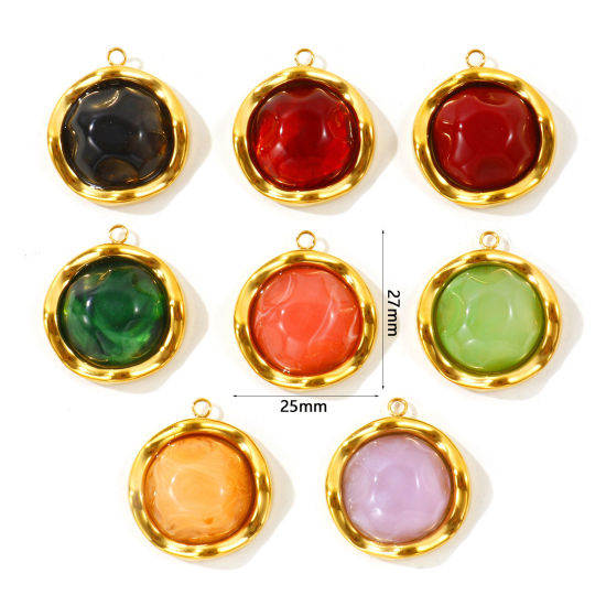 Picture of 2 PCs Eco-friendly PVD 304 Stainless Steel & Resin Charms Wholesale 18K Real Gold Plated Multicolor Round With Resin Cabochons 27mm x 25mm