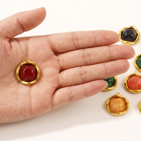 Picture of 2 PCs Eco-friendly PVD 304 Stainless Steel & Resin Charms Wholesale 18K Real Gold Plated Multicolor Round With Resin Cabochons 27mm x 25mm