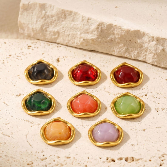Picture of 2 PCs Eco-friendly PVD 304 Stainless Steel & Resin Charms Wholesale 18K Real Gold Plated Multicolor Round With Resin Cabochons 27mm x 25mm